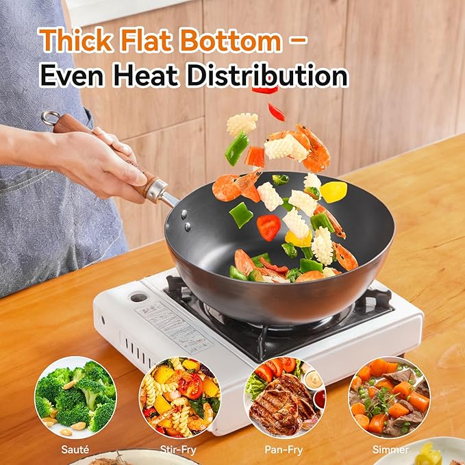 Carbon Steel Wok Flat Bottom Wok Pan 10.2 Inch with Glass Lid, Spun Iron Stir Fry Wok, Coating-Free Iron Wok Skillet Naturally Seasoning, 6.2" Base for Stable Cooking