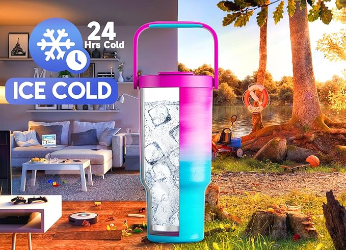Meoky 32 oz Tumbler with Handle, Tumbler with Lid and Straw, Stainless Steel Travel Mug, 100% Leak Proof, Keeps Cold for 24 Hours, Fits in Car Cup Holder (Marshmallow)