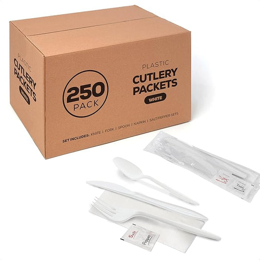 250 White Plastic Cutlery Packets - Knife, Fork, Spoon & Napkin Sets with Salt & Pepper - Individually Wrapped, Disposable Silverware
