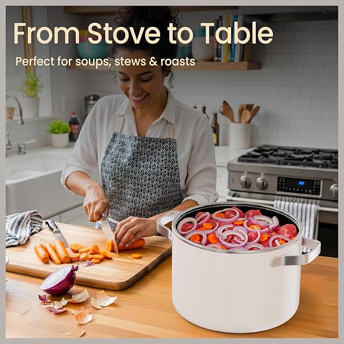 Bakken 5 Quart Ceramic Coated Stock Pot with Lid, Easy to Clean Nonstick Pot, Tempered Glass Lid, Riveted Stainless Steel Handles, Oven Safe Up To 500°F, PTFE & PFAS Free, All Stove Compatible, Cream