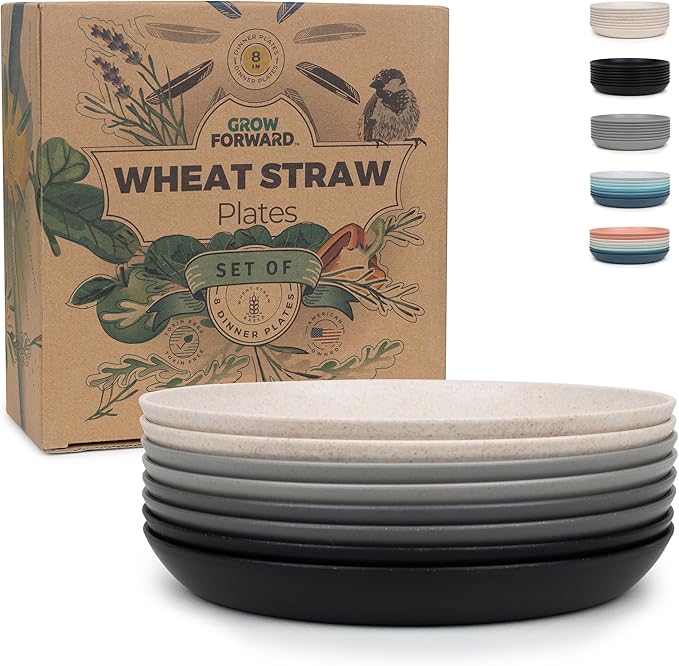 Grow Forward Premium Wheat Straw Plates - 8 Inch Reusable Hard Plastic Dinner Plates Set of 8 - Unbreakable Microwave Safe Plates for Dessert, Camping, RV, Outdoors, Patio, Kitchen Dishes - Moonlight