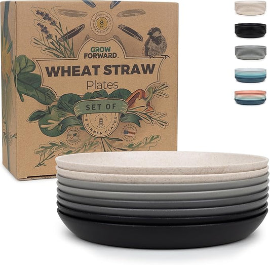 Grow Forward Premium Wheat Straw Plates - 8 Inch Reusable Hard Plastic Dinner Plates Set of 8 - Unbreakable Microwave Safe Plates for Dessert, Camping, RV, Outdoors, Patio, Kitchen Dishes - Moonlight