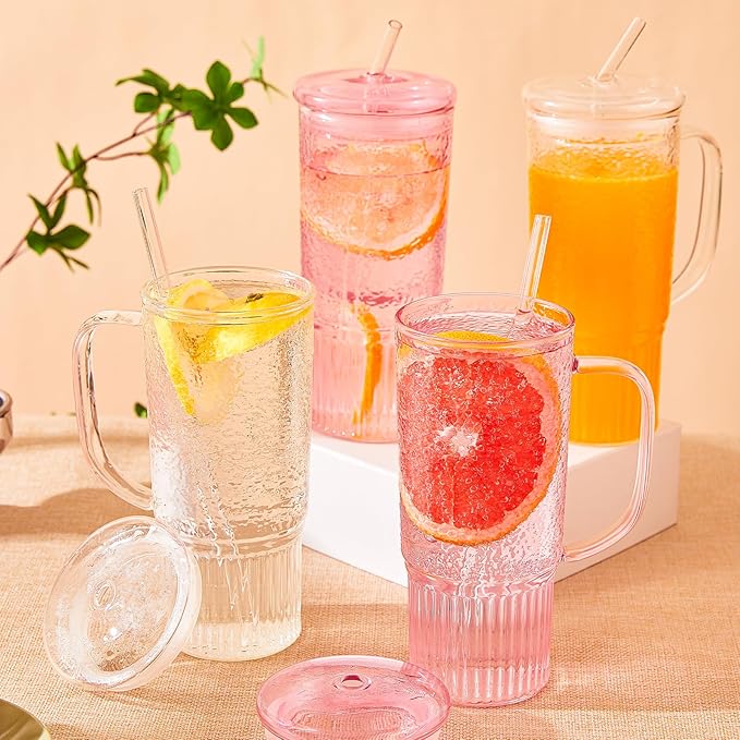 Glass Cups with Lids and Straws,24oz Glass Tumbler with Handle Iced Coffee Cup for Coffee,Juice,Tea,Milk,Smoothie,Hot & Cold Drinks (Pink)