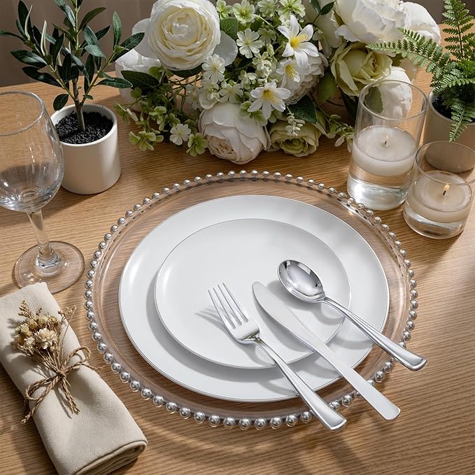 KIRE 200PCS Silver Plastic Plates - White Plastic Plates with Silver Rim Include 100 Dinner Plate and 100 for Dessert/Salad Plate for Birthday/Wedding/Party