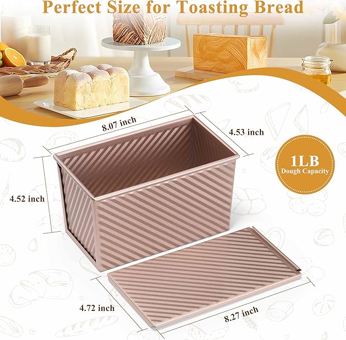 LIANYU 6 Pack Pullman Loaf Pan with Lid Set, Pullman Sourdough Bread Baking Pans, 1 Pound Small Carbon Steel Toast Box, Nonstick Bakeware for Homemade Sandwich, Rose Gold