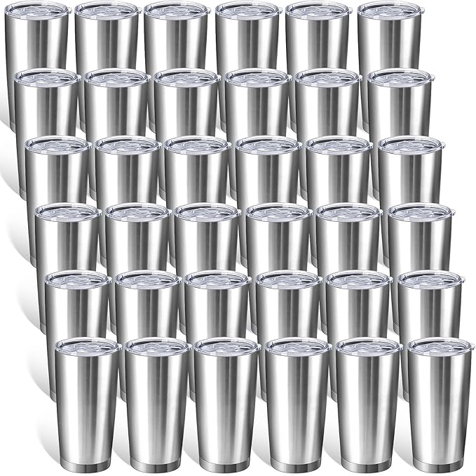 Sieral 36 Pack Stainless Steel Tumblers Bulk with Lids Double Wall Vacuum Insulated Coffee Cups Blank leakproof Powder Coated Tumblers for Engraving Wedding Graduation Party Favors(20 oz,Silver)