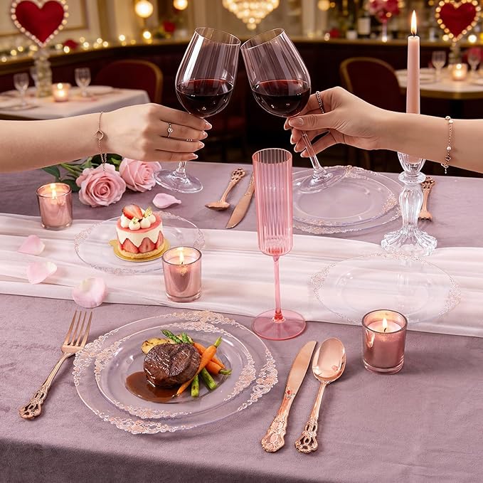 102PCS Rose Gold Plastic Plates - Clear Rose Gold Plate - Heavy Duty Disposable Plates - Fancy Disposable Dinner & Dessert Plate for 51 Guests for Party & Wedding