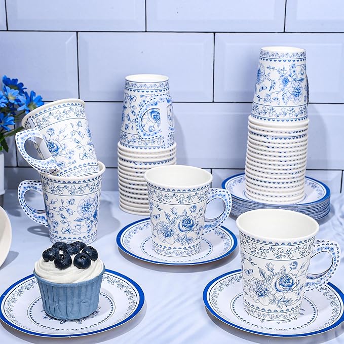 Whaline 80Pcs Blue White Floral Paper Tea Cups and Saucers Porcelain Chinoiserie Flower 9oz Disposable Teacups with Handle and Dessert Plates for Wedding Princess Baby Shower Birthday Spring Tea Party