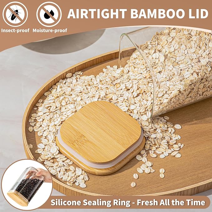 24 Oz Glass Storage Jars with Bamboo Lids - 6 Pack Clear Glass Canisters Square Airtight Stackable Ideal for Pantry Storage Containers Organizers Great for Storing Oats Coffee Beans Nuts etc