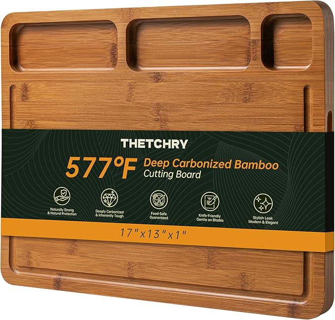 Carbonized Bamboo Cutting Boards for Kitchen, 1"Thickened Cutting Board with Juice Groove, Large Butcher Block with Handle, Wood Charcuterie Chopping Board for Prep & Serving Tray, 17" x 13"