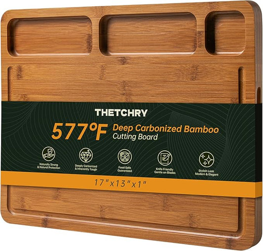 Carbonized Bamboo Cutting Boards for Kitchen, 1"Thickened Cutting Board with Juice Groove, Large Butcher Block with Handle, Wood Charcuterie Chopping Board for Prep & Serving Tray, 17" x 13"