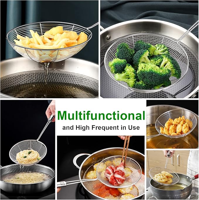 Spider Strainer Set of 3 Asian Strainer Ladle Stainless Steel Wire Skimmer Spoon with Handle for Kitchen Frying Food, Pasta, Spaghetti, Noodle-30.5cm, 32cm, 35cm