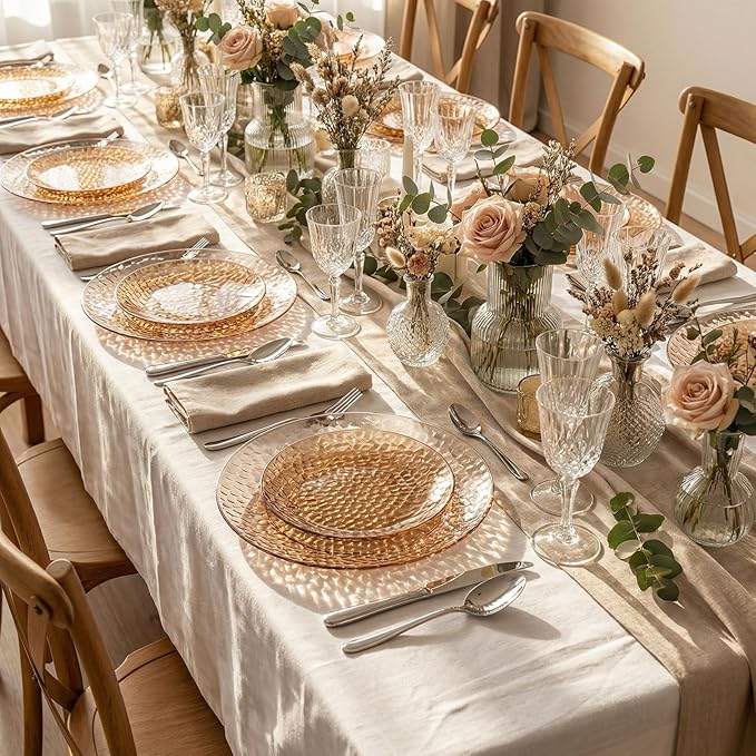 Rubtlamp 60Pcs Plastic Plates, Clear Brown Disposable Plates, Hammered Heavy Duty Plastic Platos, Fancy Disposable Platos Include 30 Coffee Dinner Plate, 30 Amber Salad Plate For Party