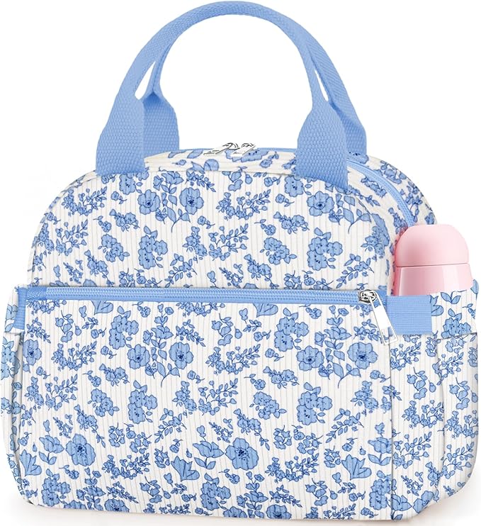 Lunch Bag Lunch Box for Women, Cute Corduroy Insulated Reusable Work Leakproof Simple Adults Flower Large Lunch Boxes Tote Bag Men Cooler Bag