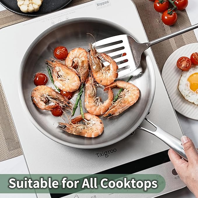 11.5 inch Tri-Ply Stainless Steel Frying Pan,No Coatings PFOA&PTFE Free Skillets,Chef's Pans,Dishwasher and Oven Safe Cookware, Compatible with All Cooktops
