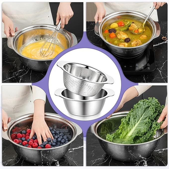 304 Stainless Steel Microporous Colander with Handle, 2QT Rice Washer Strainer with Mixing Bowl, Stainless Steel Colander for Kitchen, Microporous Strainer Set for Washing Vegetables Fruits Rice