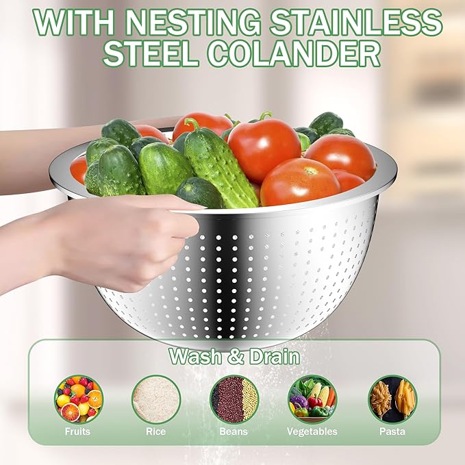 Mixing Bowls with Lids Set, Stainless Steel Mixing Bowls with Colander, Strainer with Mixing Bowl Set, Serving Bowl Kitchen Gift, Size 4.5, 2.5, 2, 1.5QT - Black