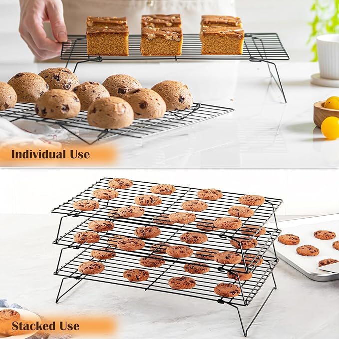 2-Tier Cooling Racks for Cooking and Baking - 13" x 9.6" Stackable Heavy Duty Stainless Steel Wire Rack for Baking, Grilling, Roasting - Oven & Dishwasher Safe - Black