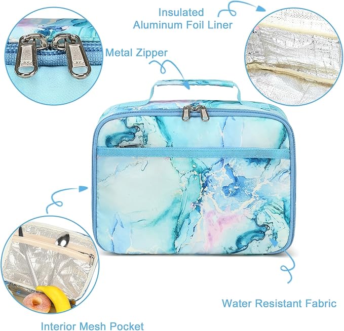 LEDAOU Lunch Bag Kids Insulated Lunch Box Girls Toddler Reusable LunchBox for School Picnic Hiking (Marble Blue)