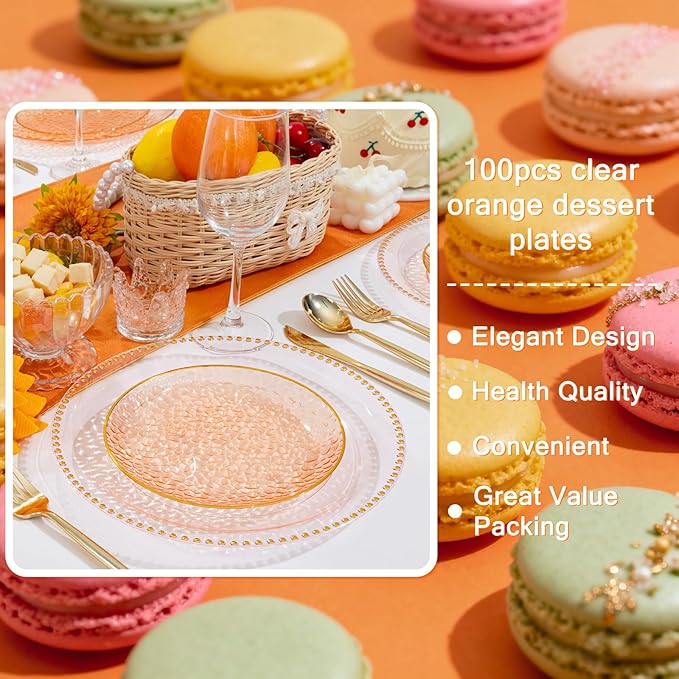 Rubtlamp 100 Pcs Clear Orange Gold Plastic Plates, Hammered Orange Party Plates,Heavy duty Dessert Plates,Disposable Salad/Dessert Platos,Clear Gold Plastic Platos 7 Inch for Party