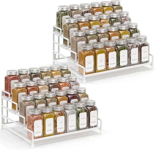 4-Tier-Spice-Rack-Organizer-for-Cabinet, Adjustable Depth Spice Holder Shelf For Countertop Pantry Cupboard, Metal Tiered Seasoning Organizer,Display Shelf Riser (White-2 Pack)