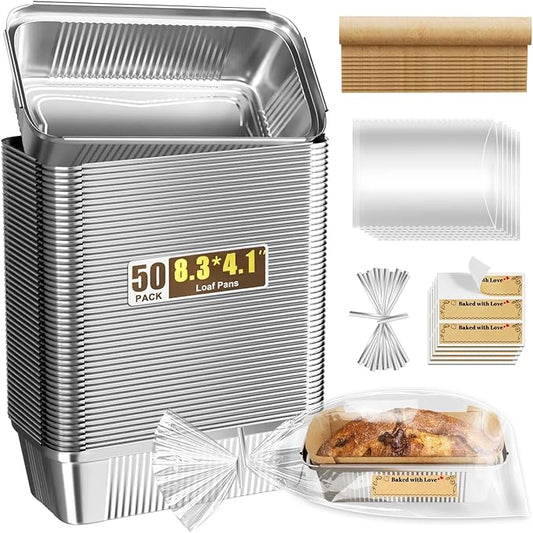 50 Pack 2.4lb Aluminum Loaf Pans Collocate Cellophane Bags/Twist Ties/ Stickers and Parchment Paper Sheets ,8.3" X 4.1" X 2.2" Disposable Aluminum Foil Premium Bread Tins - Disposable Baking Pans