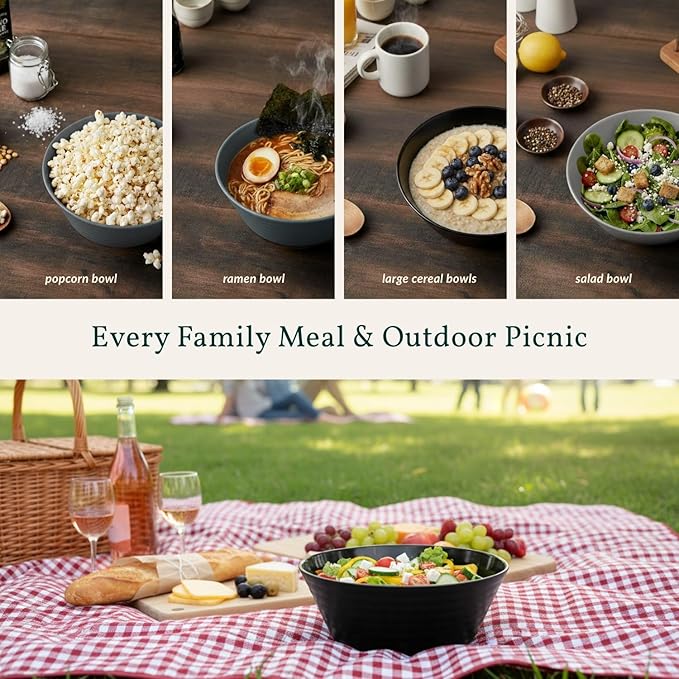 Homienly Wheat Straw Bowls 50 OZ, Reusable Unbreakable Large Cereal Bowls Soup Bowl Set, 6 PCS Microwave Safe Bowl for Kitchen, Camping, Family Dinner, Ramen, Popcorn - Black Grey