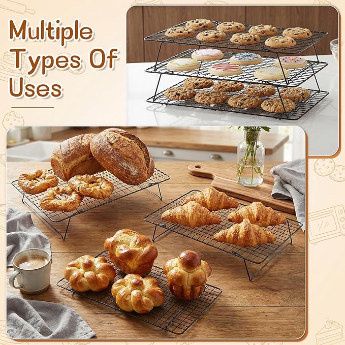 3-Tier Stackable Cooling Rack, 16.5 x 12 Inch Wire Racks, Detachable Cooling Racks with Legs, Carbon Steel Baking Rack, for Baking Cooking Grilling, Oven and Dishwasher Safe