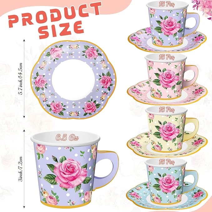 Umigy 60 Sets Spring Tea Party Decorations 6.5 oz Floral Paper Teacups & Saucer Set for Girls Women Afternoon Tea Parties Mothers Day Bridal Shower Wedding Birthday Party Decorations(Mixed Color)