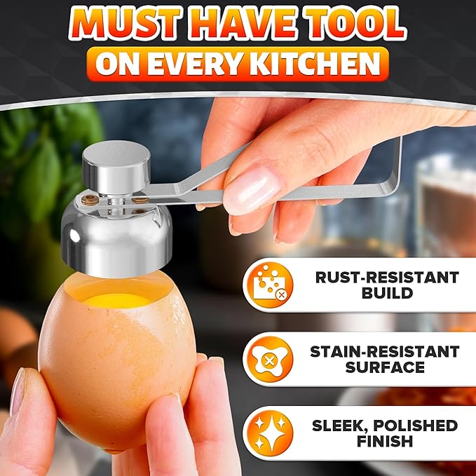 Egg Cracker Tool for Raw Eggs - Egg Shell Opener for Soft-Boiled Shell Tops, Stainless Steel Topper with Adjustable Effort - Clean Cut Design for Breakfast Prep, Custards, Baking & Home Kitchen Tasks