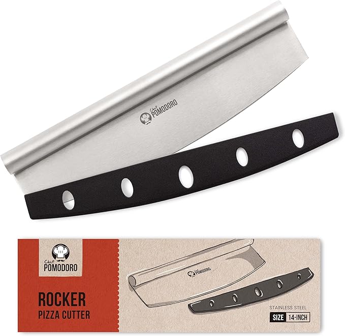 Chef Pomodoro Pizza Cutter Rocker Knife with Protective Cover, Multipurpose 14 Inch Mezzaluna Chopper with Super Sharp Stainless Steel Blade, Blade Cover, Premium Pizza Accessories Dishwasher Safe