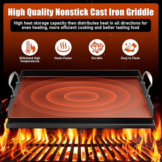 Cast Iron Griddle for Gas Grill 25"x16" Flat Top Grill Griddle Pan for Stove Top Nonstick BBQ Griddle Plate for Charcoal & Gas Grill Heavy Duty Universal Cooking Surface for Blackstone Style