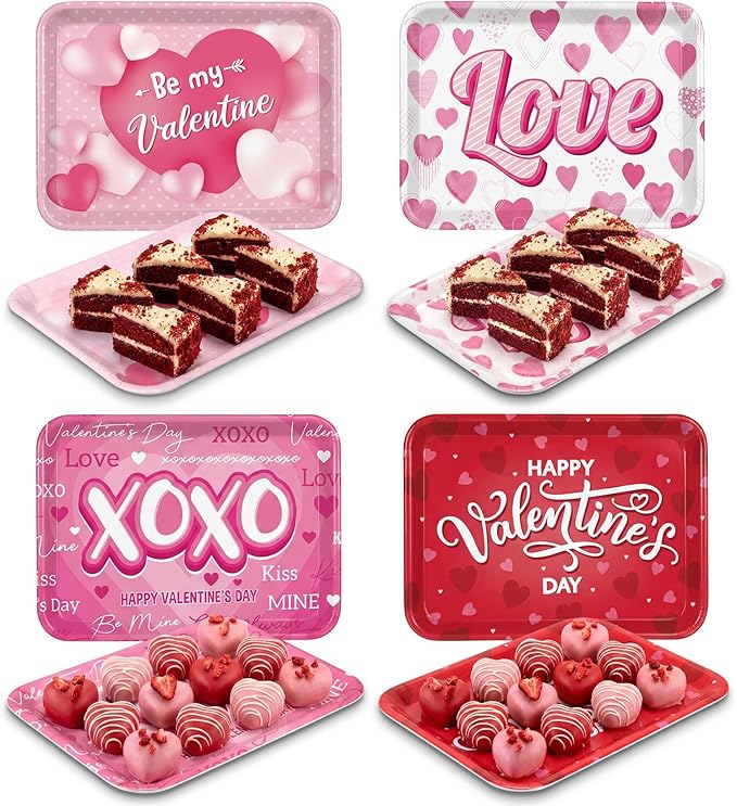 Vesici 4 Pack Valentine's Day Melamine Serving Trays, 13x10 Large Rectangular Platters for Party Food, Shatterproof Heart Cookie Plates for Appetizers, Romantic Dinner & Galentine's Kitchen Decor