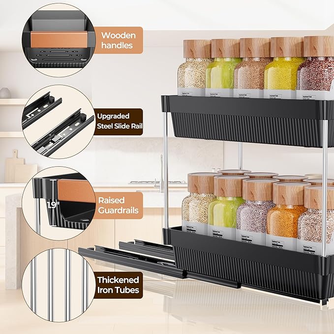 Delamu 2 Pack Pull Out Spice Rack Organizer for Cabinet, 2 Tier Slide Out Spice Organization, Vertical Spice Organizer, Cabinet Size Need:12.5'' High x 11'' Deep x 5.5'' Wide(Not for Cabinet with Lip)