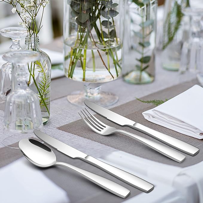20-Piece Heavy Duty Silverware Set for 4, E-far Stainless Steel Flatware Cutlery Set, Thick Metal Tableware Eating Utensils Include Forks Spoons Knives, Square Edge & Mirror Polished, Dishwasher Safe