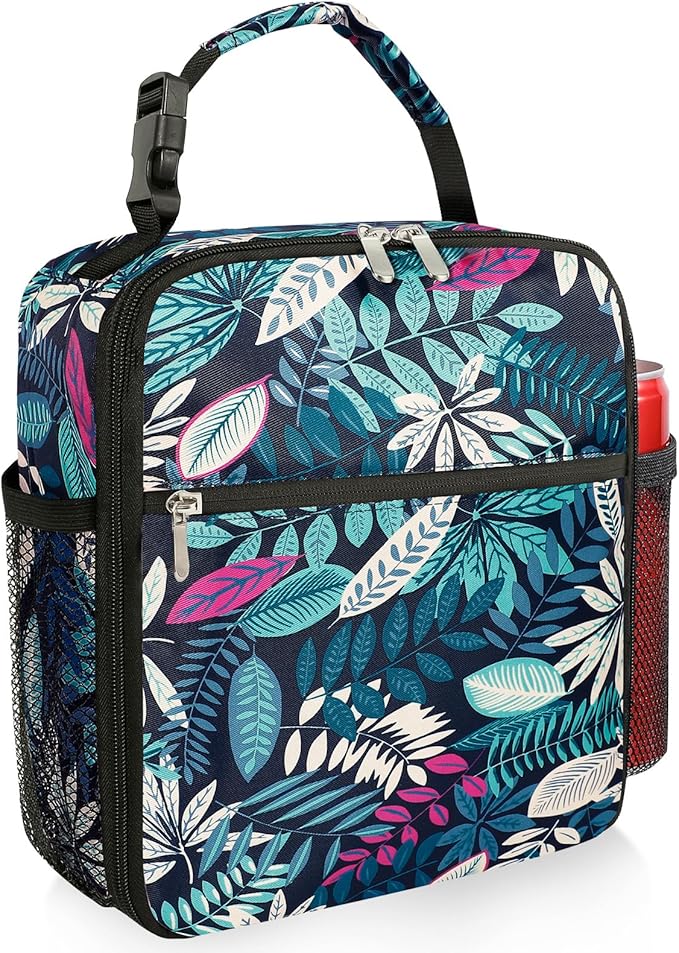 Small Lunch Box Insulated Lunch Bag for Men Women Kids, Reusable Lunch Bags Portable Small Lunch boxes Cooler Bag for School/Work/Picnic, Green Leaves 12-Can(6.5L)