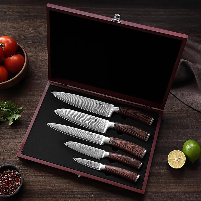 Wakoli EDIB 5-Piece Damascus Knife Set, Professional Kitchen Knives made of 67-Layer Damascus Steel with VG10 Core Blades, Ergonomic Pakkawood Handles, In Wooden Gift Box