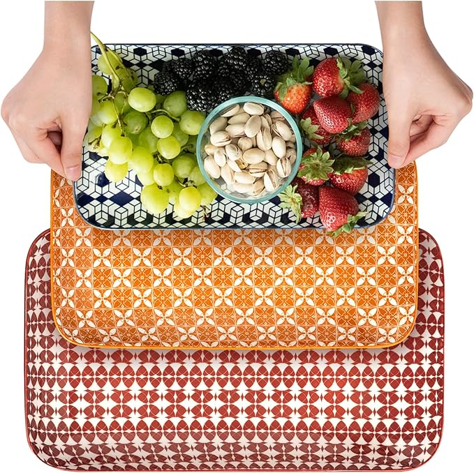 Annovero Serving Platter - Large Porcelain Food Tray - for Fruit, Cheese, Dessert, Cookie, Meat, Appetizer - Colorful Decorative Serveware for Party & Entertaining - 15.4/13.8/11.8 Inch - Set of 3
