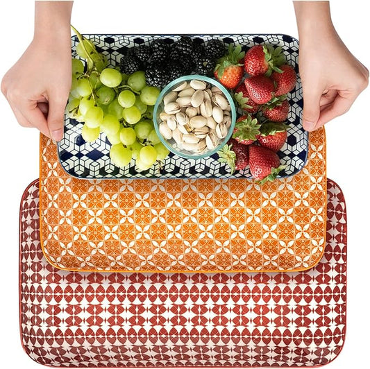 Annovero Serving Platter - Large Porcelain Food Tray - for Fruit, Cheese, Dessert, Cookie, Meat, Appetizer - Colorful Decorative Serveware for Party & Entertaining - 15.4/13.8/11.8 Inch - Set of 3