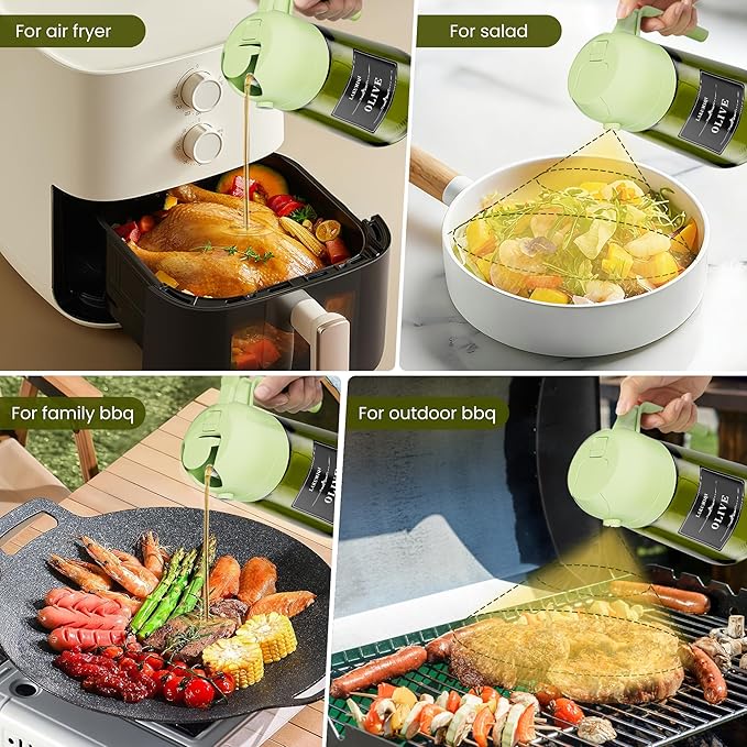 2 in 1 Oil Sprayer for Cooking, 16oz Olive Oil Dispenser Bottle for Kitchen, Food Grade Light-Blocking Leak Proof Glass Spray Bottle for Salad, Air Fryer, BBQ