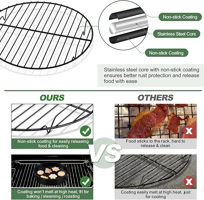 TeamFar Cooling Rack, 9inch Round Baking Wire Rack with Stainless Steel Core & Nonstick Coating, for Roasting Grilling Steaming, Non Toxic & Sturdy, Oven Safe & Anti-melt, Easy Clean – Set of 2