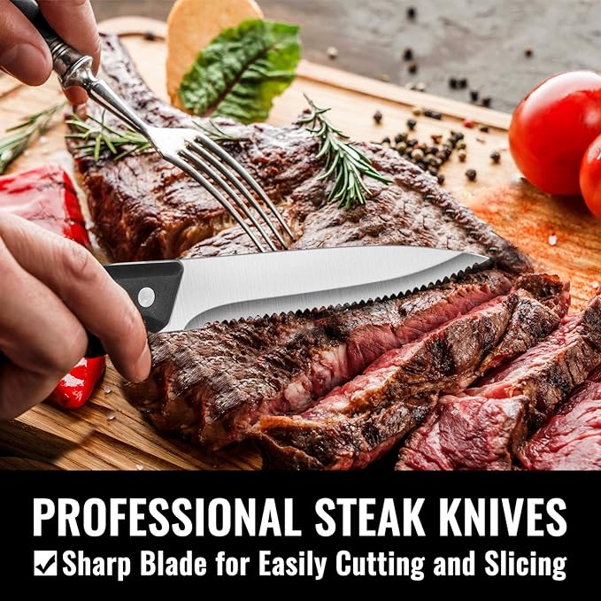 Hiware 24-Piece Silverware Set with Steak Knives, Stainless Steel Flatware Cutlery, Mirror Polished Flatware Serving Utensils Set for 4, Includes Forks Spoons Knives Silverware, Dishwasher Safe