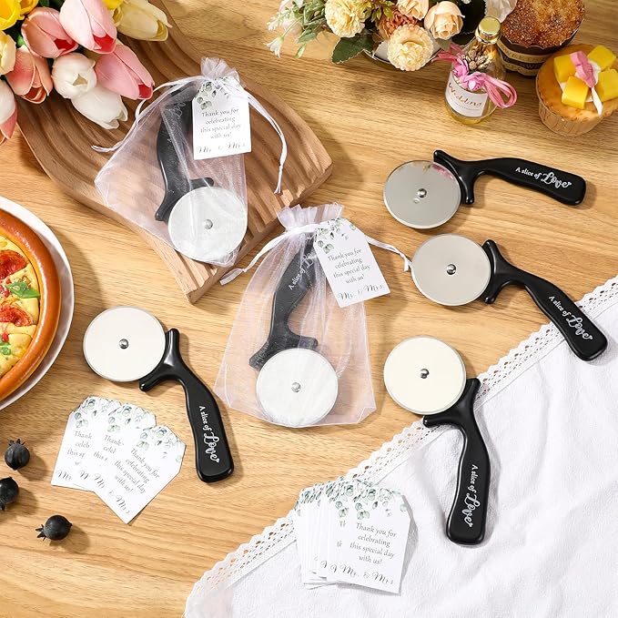 50 Set Wedding Party Favor for Guests Include a Slice of Love Stainless Steel Pizza Cutter Thank You Cards and Organza Gift Bags Pizza Cutter Wheels for Bridal Shower Return Gifts