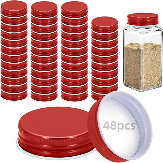 48 Pcs iron Jar Lids Lids for 4 oz and 6 oz Square Spice Jars Reusable Can Airtight Spice Storage Canning Lids for Nice Sealing Kitchen (Red)