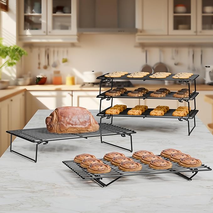 4PCS Cooling Racks for Cooking and Baking, Collapsible 4 Tiers 10"X16" Cool Batches of Cookies, Non-Stick & BPA-Free, Oven and Dishwasher Safe (Black-202)