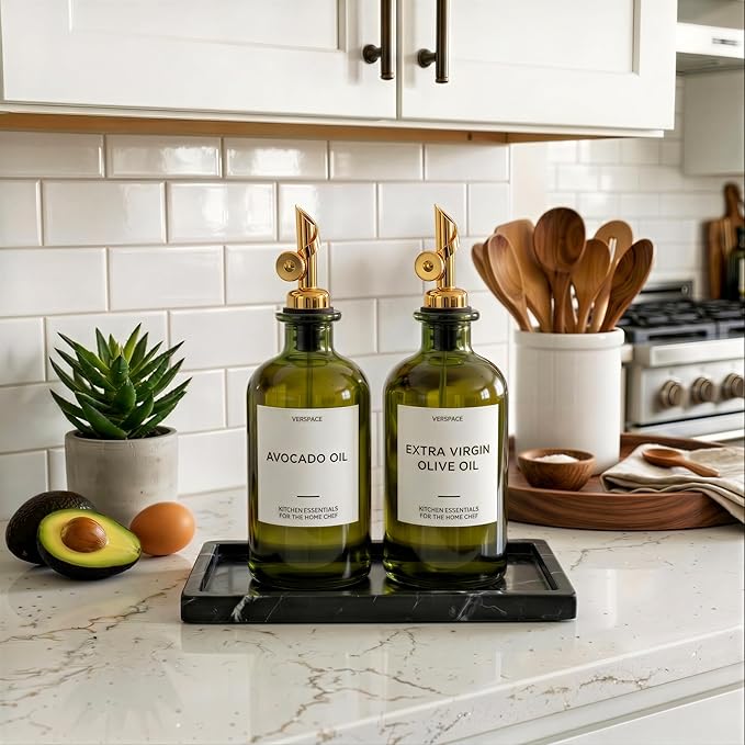 UV-Protected Green Glass Olive Oil Dispenser Bottles For Kitchen - Includes 40 Kitchen Essential Labels, Avocado Oil Dispenser Set, Modern Decor for Home, Airbnb, Cafe Set of 2