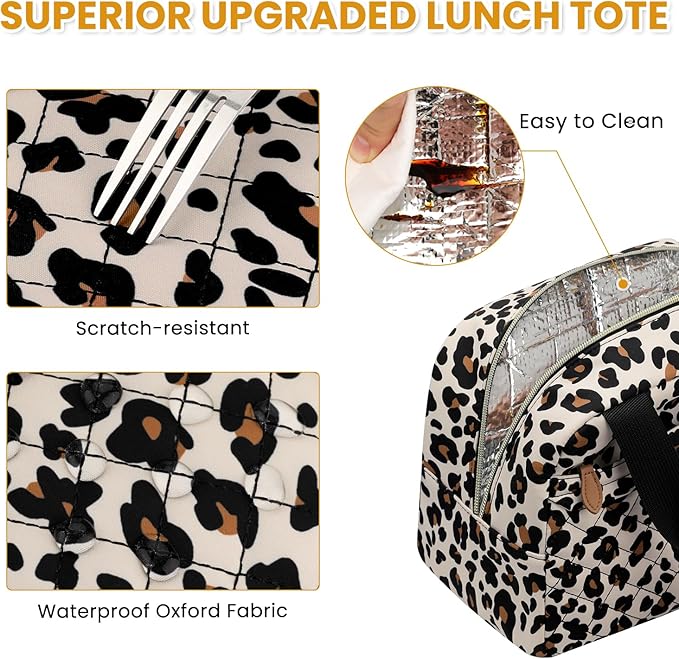 Insulated Lunch Bag for Women, Portable Lightweight Lunch Box for Adults, Reusable Small Lunch Tote Cooler Bags with Front Zipper Pocket for Work School Picnic(Leopard)