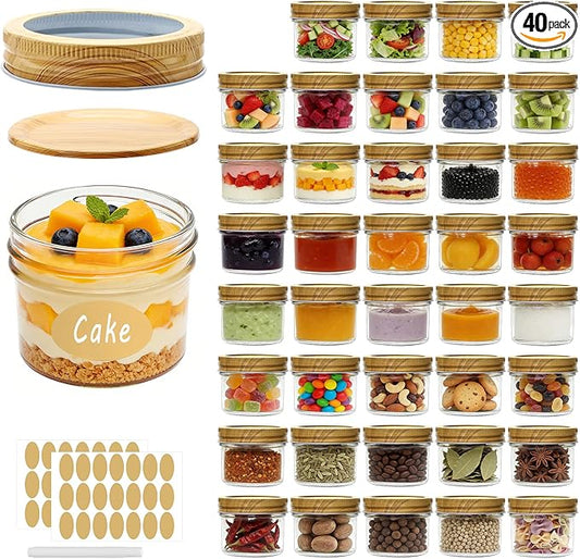 Accguan 4oz Glass Jars With Woodgrain Lids and Bands,Mason Jars,Ideal For Honey,Jam,Wedding Favor,DIY Magnetic Mini Spice Jars For Kitchen,Set of 40