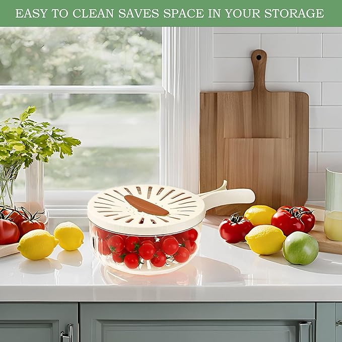 2 Pcs Fruit Vegetable Washing Bowl with Strainer,2.85QT+1QT Multipurpose Drain Basket with Lid & Foldable Handle,Fruit Strainer Container for Kitchen,Fridge,Picnics,Apartment