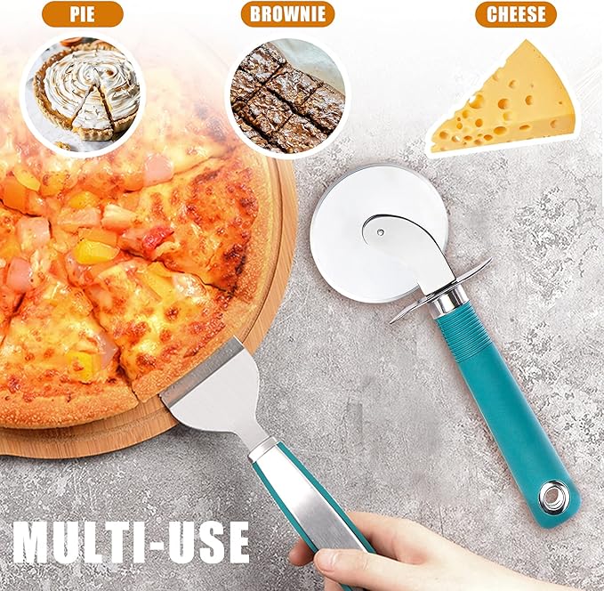 Webake Pizza Cutter Wheel Pie Serve Set, Large Pizza Slicer Stainless Steel Pie Cake Cutter with Non-slip Green Handle, Ideal for Cake Pizza Pies Dough Fudge